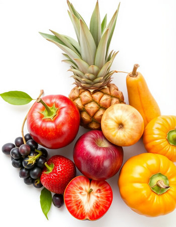 Fresh fruits and vegetables isolated on white background. Healthy food concept.