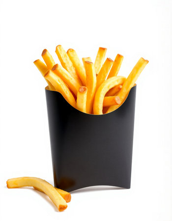French fries in black box isolated on white background. Fast food.