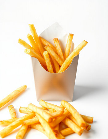 French fries in a paper box on a white background. Fast food
