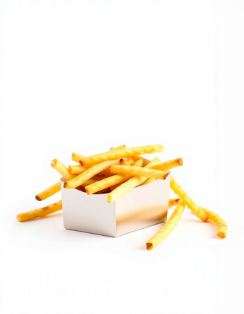 French fries in a white box on a white background, isolated.