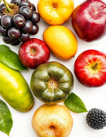Fruits and vegetables isolated on a white background. Top view.
