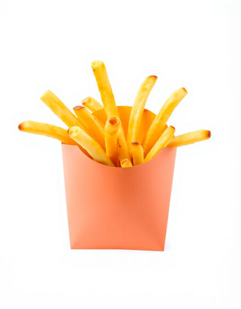 French fries in paper box isolated on white background. Selective focus.