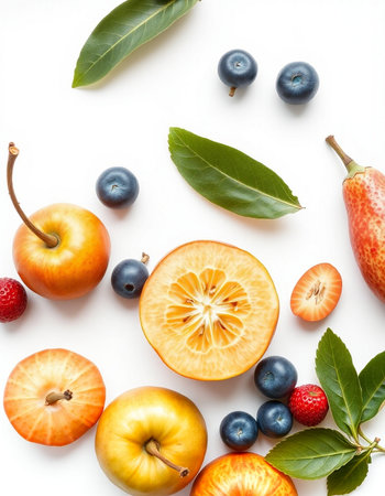 Fruits and berries on white background. Flat lay, top viewの写真素材