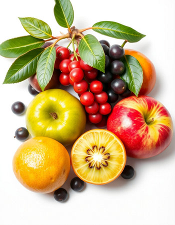 Fruits and berries on white background. Healthy food concept. Top view.の写真素材