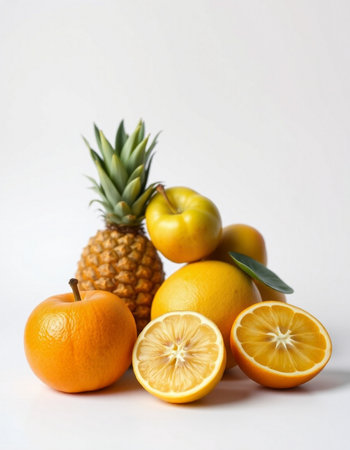 Fruits on a white background. Orange, lemon, pineapple, grapefruitの写真素材