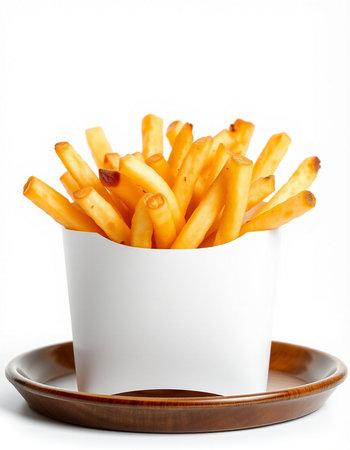French fries in a white bowl on a white background. Isolated
