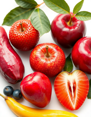Fruits and vegetables on a white background. Close-up.
