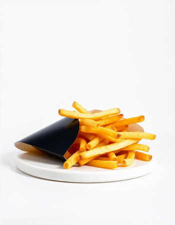 Golden French fries on a white plate isolated on a white background.の写真素材
