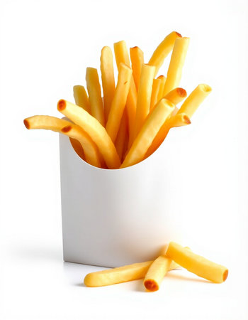 French fries in a white box on a white background. Isolated