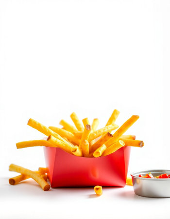 French fries in a red box on a white background with space for textの写真素材