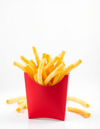 French fries in a red box on a white background. Fast food.