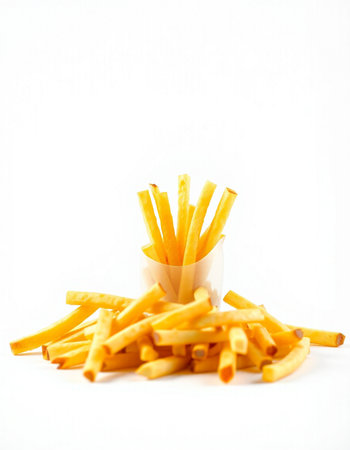 Golden French fries in a paper cup on a white background. Selective focus.
