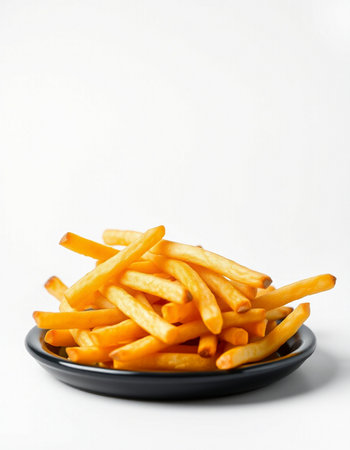 Golden French fries potatoes in a black bowl on white background with copy space