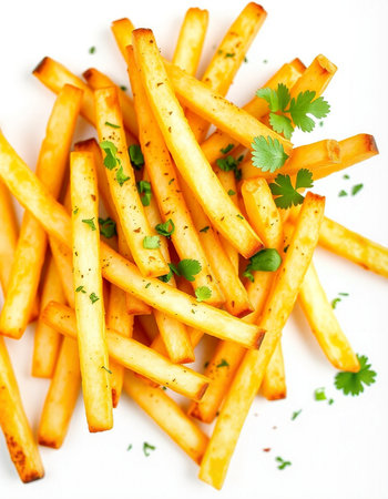 French fries with parsley on a white background. Shallow dof.の写真素材