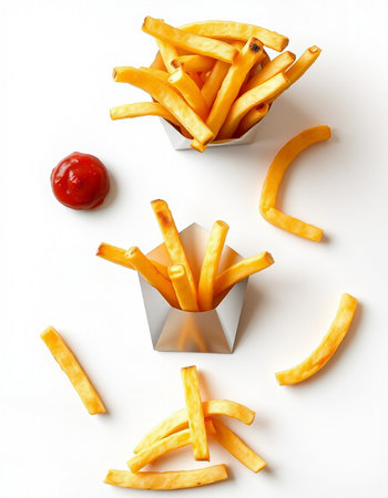 French fries in a box with ketchup on a white background.