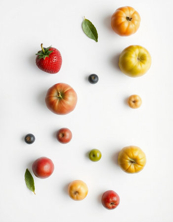 Tomatoes, apples and blueberries on white background. Flat lay, top viewの写真素材