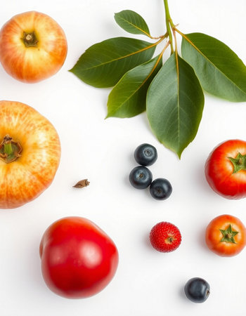 Various fruits and vegetables on white background. Flat lay, top viewの写真素材