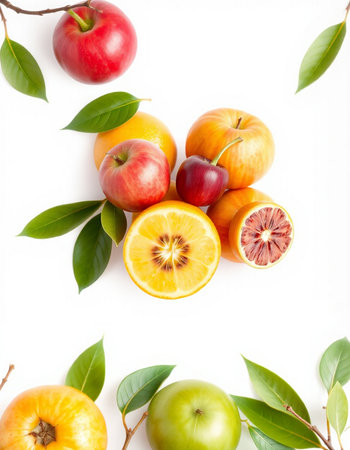 Fruits on white background. Orange, apple, grapefruit, peach and green leavesの写真素材