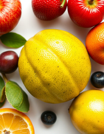 Fruits on a white background, top view, close-upの写真素材