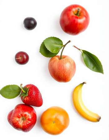 Fruits and berries isolated on white background. Flat lay, top viewの写真素材