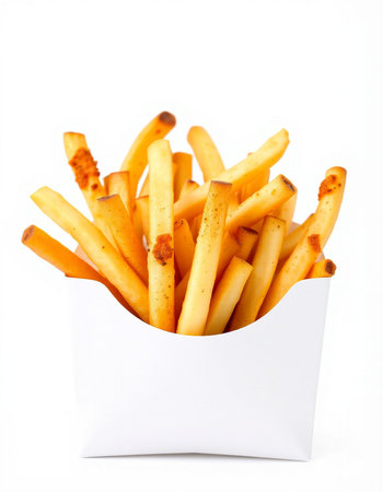 French fries in a white box on a white background. Isolated