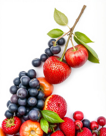 Fresh fruits and berries isolated on white background. Healthy food concept.