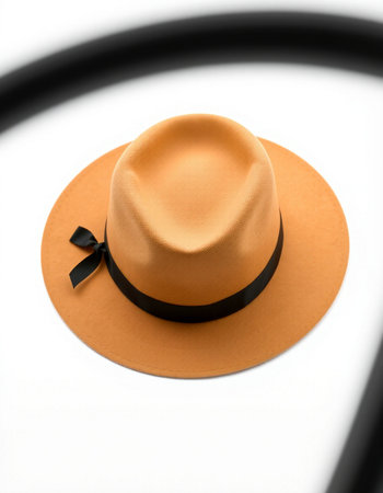 brown hat with black ribbon on a white background close-up.の写真素材