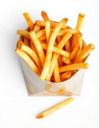 French fries in a paper box on a white background. Selective focus.