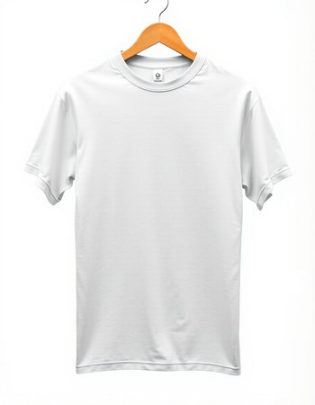 White t-shirt on a hanger on a white background.