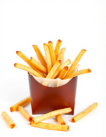 French fries in paper box isolated on white background. Selective focus.