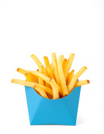 French fries in a blue box on a white background. Isolated