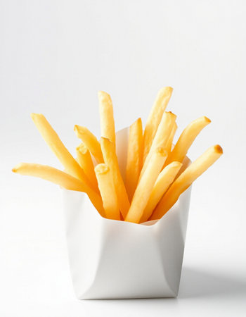 French fries in a white cup on a white background, close-up