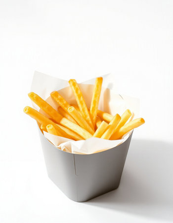 French fries in a paper box on a white background. Fast food.の写真素材