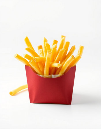 French fries in a red box on a white background, close-upの写真素材