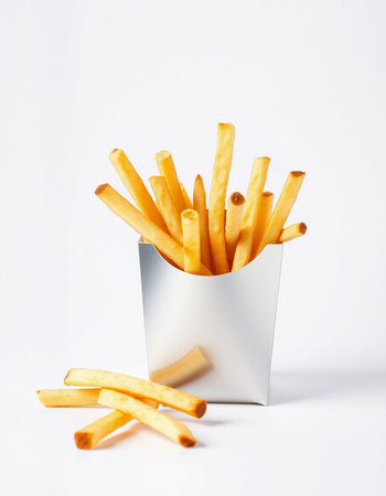 French fries in a paper box on a white background. Fast food.