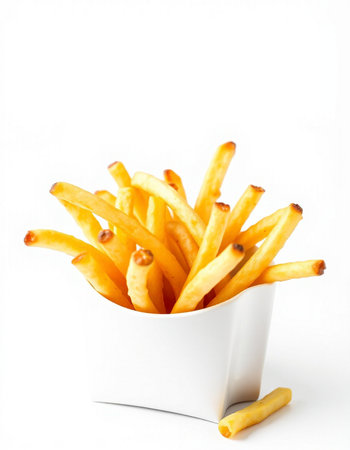 French fries in a white box on a white background, close-up