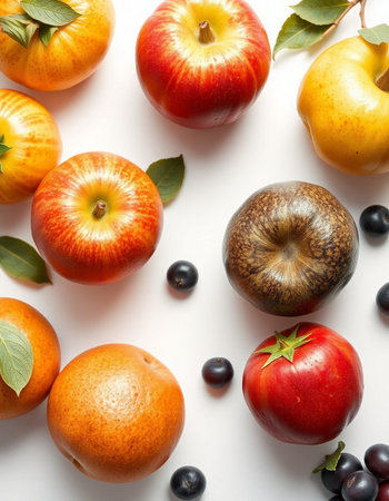 Fruits on a white background. Flat lay, top view.の写真素材