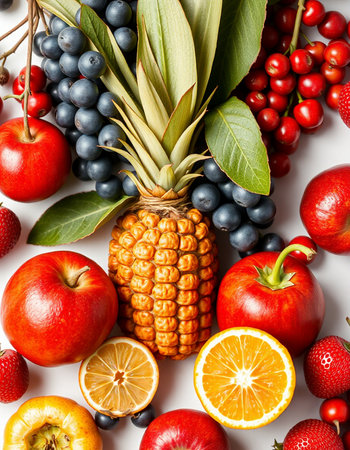 Fruits and berries on a white background. Top view. Flat layの写真素材