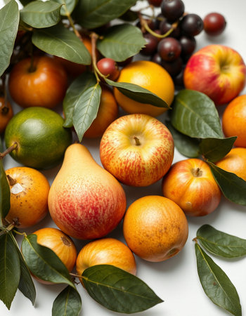 Fruits with leaves on a white background, close-up.の写真素材