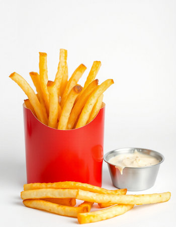 French fries with mayonnaise in a red box on a white background