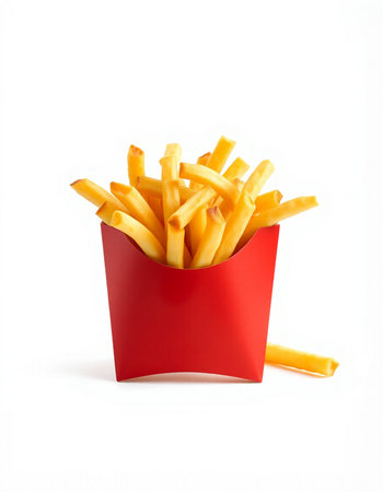 French fries in red box isolated on white background. Fast food.
