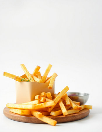 French fries with ketchup on a white background. Selective focus.