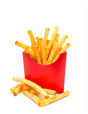 French fries in a red box on a white background. Isolated