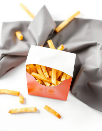 French fries in a paper box on a white background, close-upの写真素材