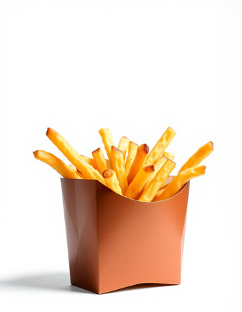 French fries in a paper box on a white background. Isolated