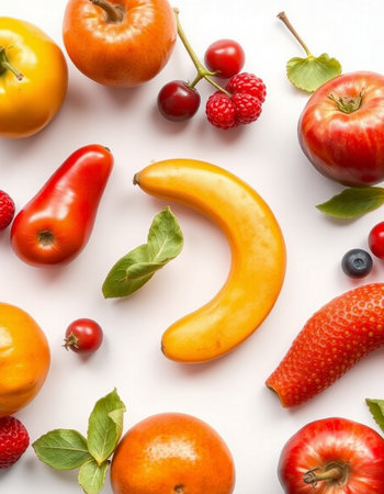 Fruits and vegetables on a white background. Flat lay, top viewの写真素材