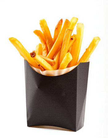French fries in paper box isolated on white background. Fast food.