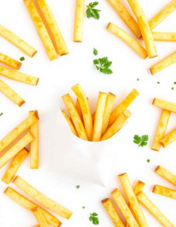 French fries isolated on white background. Top view. Flat lay pattern