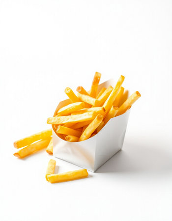 French fries in a white box on a white background, fast food