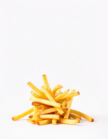 Golden French fries potatoes on white background with copy space for text.の写真素材